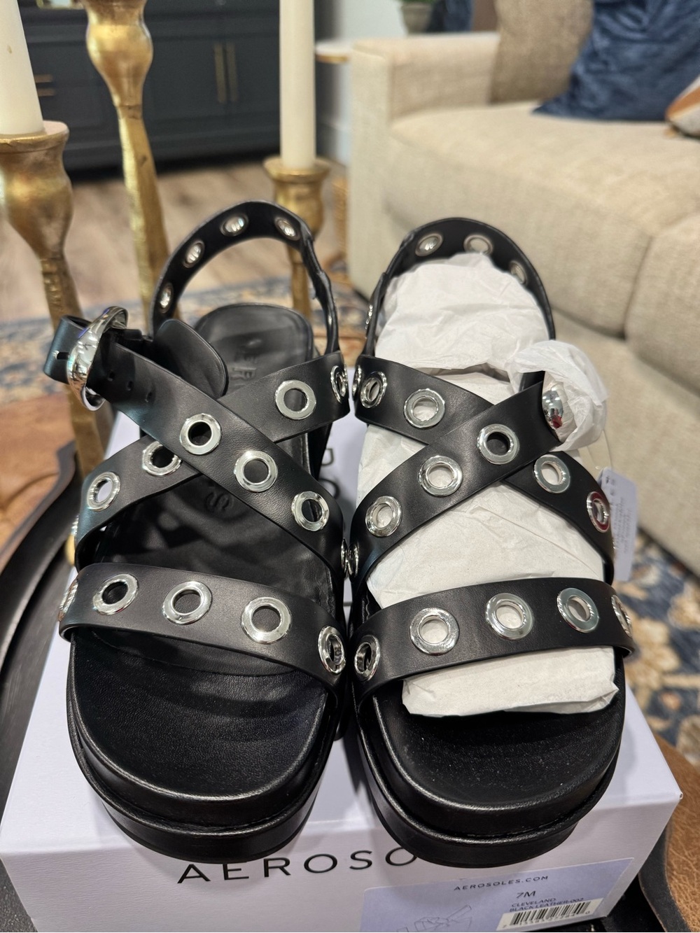 AEROSOLES Black Leather Grommet Platform Sandals